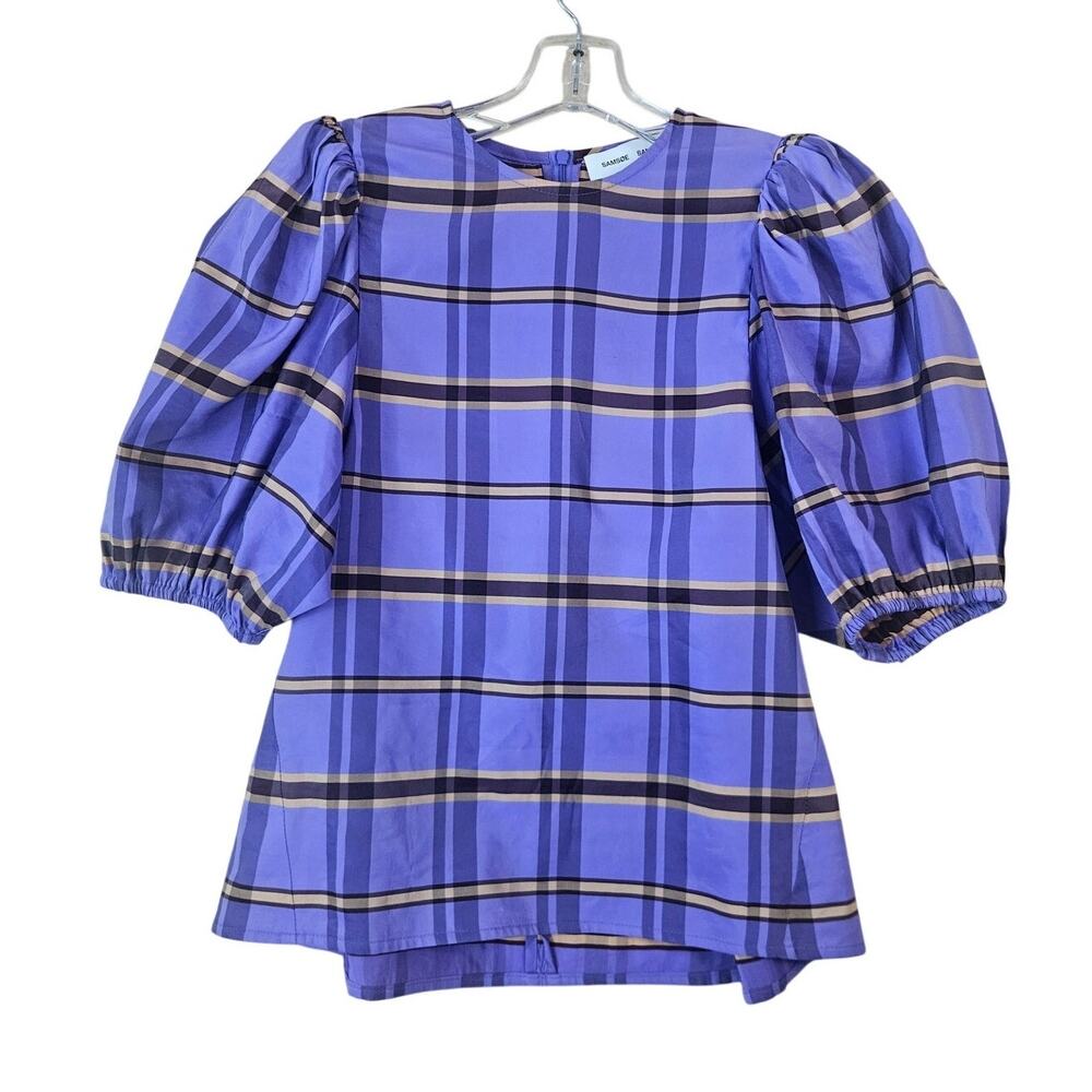 Samsoe Samsoe Medium Orion Blouse Purple Jasper Check Plaid Short Puff Sleeve